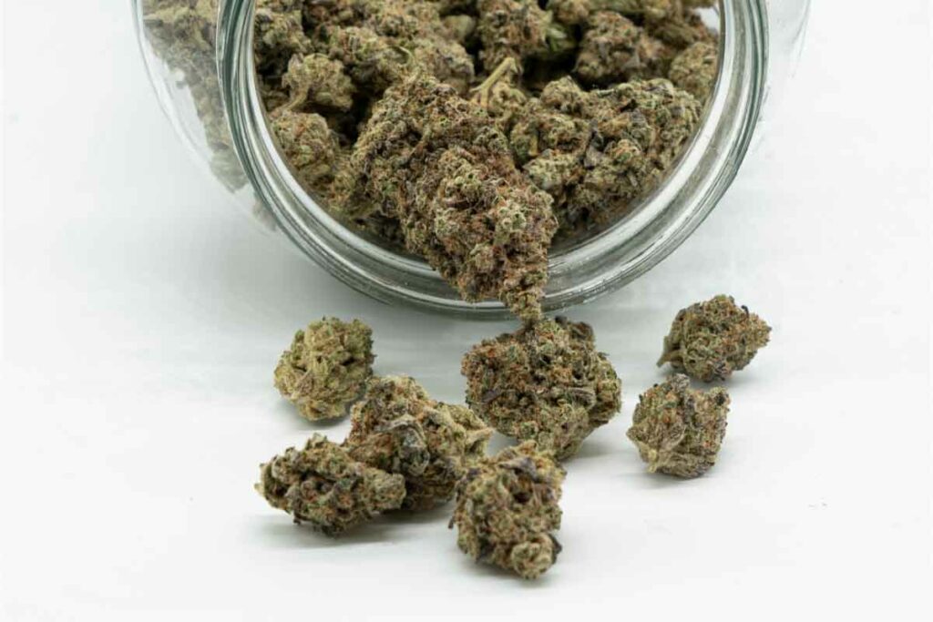 Cannabis flower spilling out of a glass jar