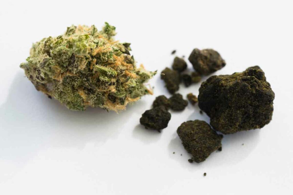 Hashpieces with marijuana bud on white background