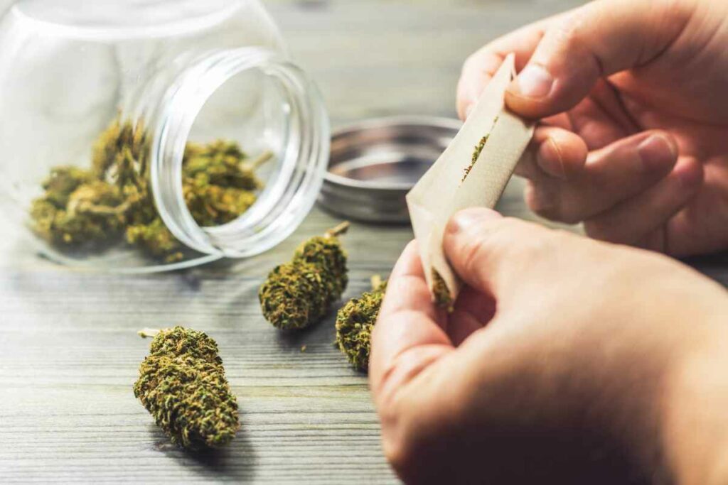 Close up of hands rolling a joint next to a jar of cannabis flower.